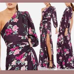 NWT IEENA Mac Duggal [ Medium ] Plum Floral Printed One Shoulder‎ Gown Purple